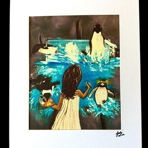 Penguin Art Print with Blue and White Accents